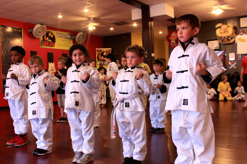 kids looking intense in traditional chinese martial arts pose