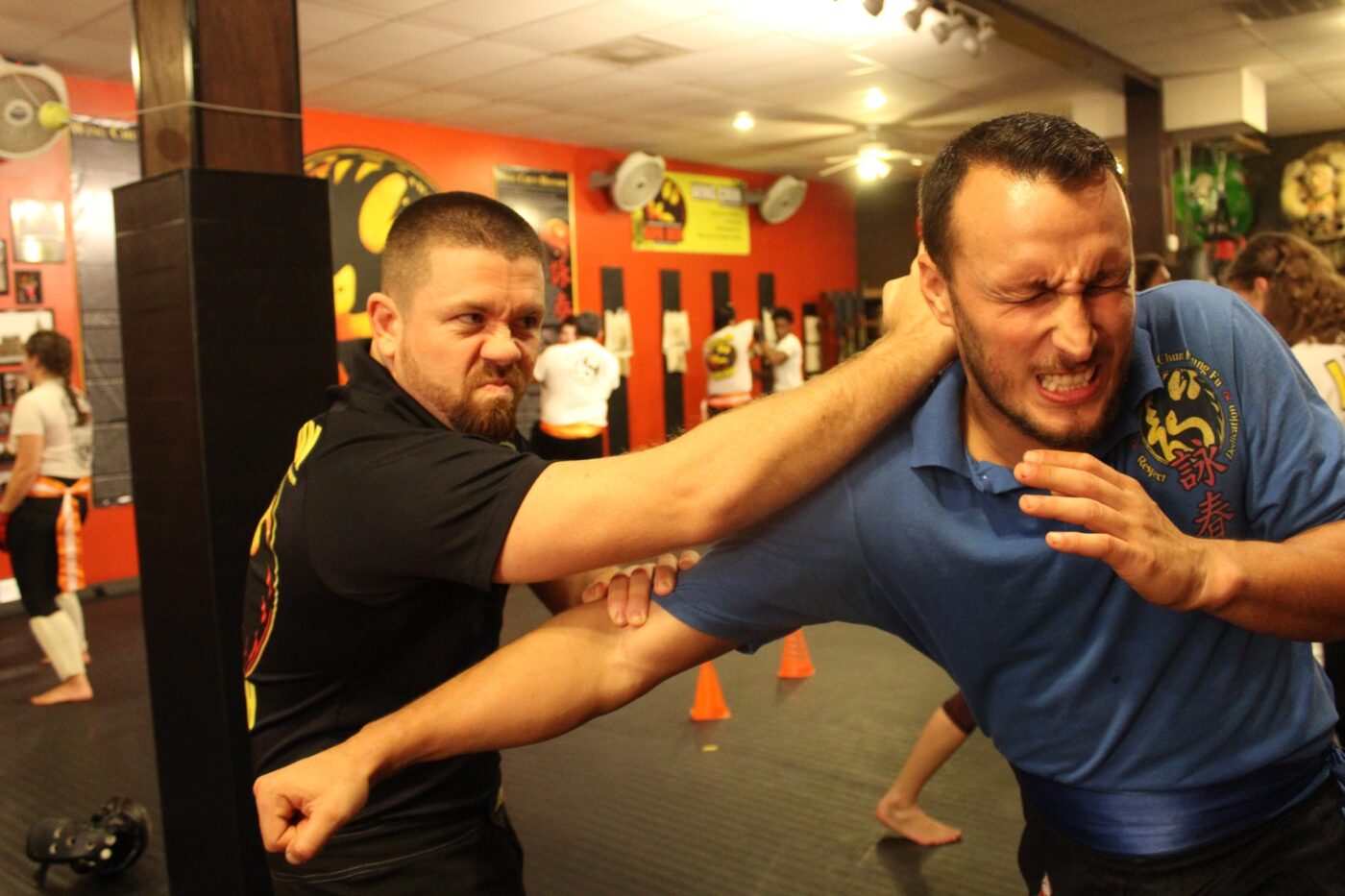 expert martial arts instructor throwing punch at attacker